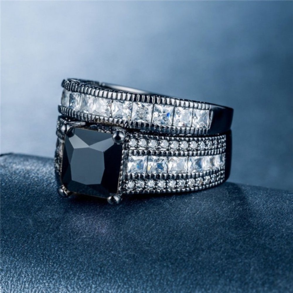 Black White Diamond Wedding Ring 2 Piece Set 7 - Picture 2 of 8